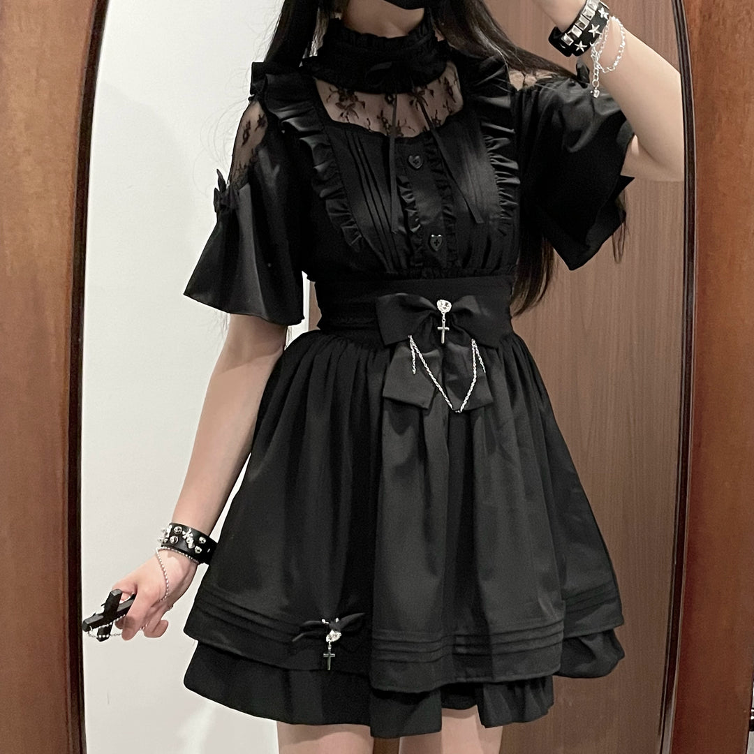Lace Shoulder Jirai Kei Blouse + High Waist Skirt, Cross Pendant 35596:538230