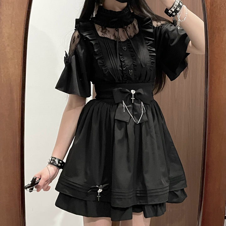 Lace Shoulder Jirai Kei Blouse + High Waist Skirt, Cross Pendant 35596:538230