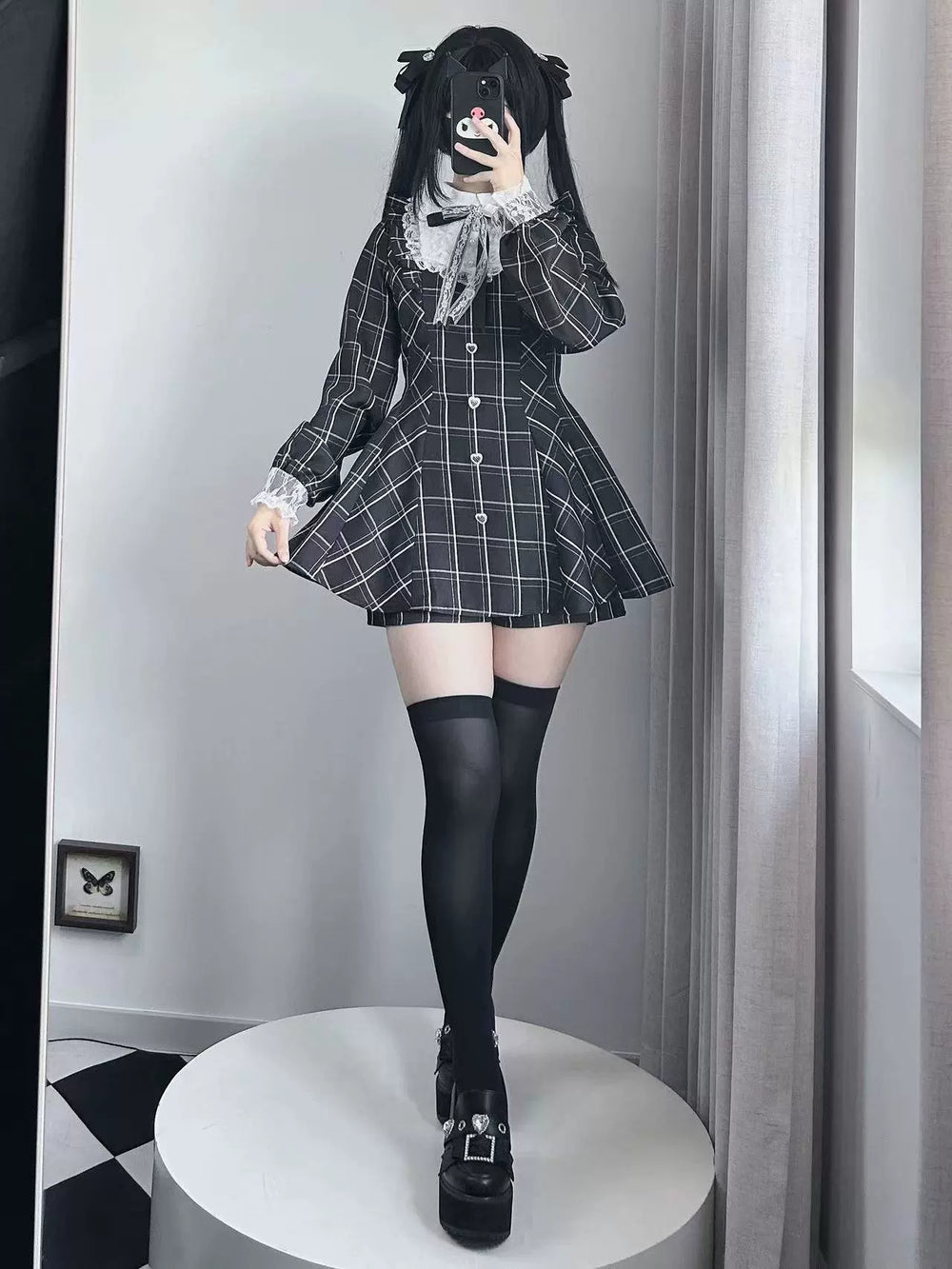 Jirai Kei Dress Set Long-sleeved Plaid Dress And Shorts 39444:620616