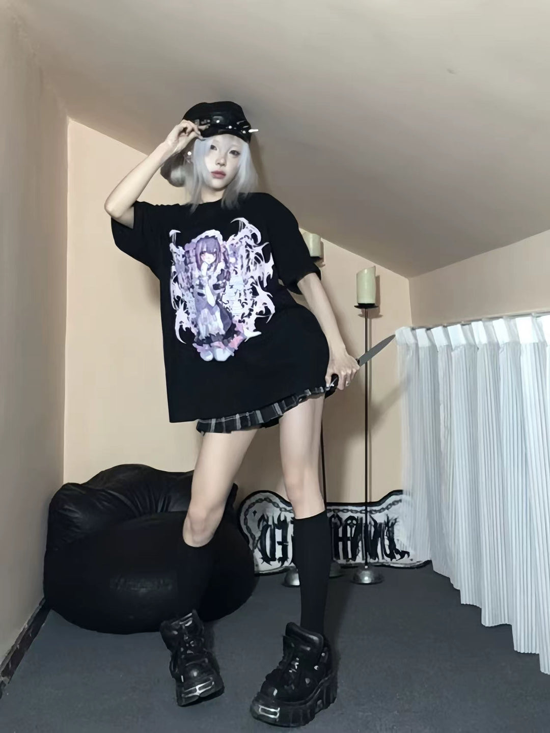 Cotton Jirai Kei Oversized T-shirt With Anime Girl Prints 43061:764138