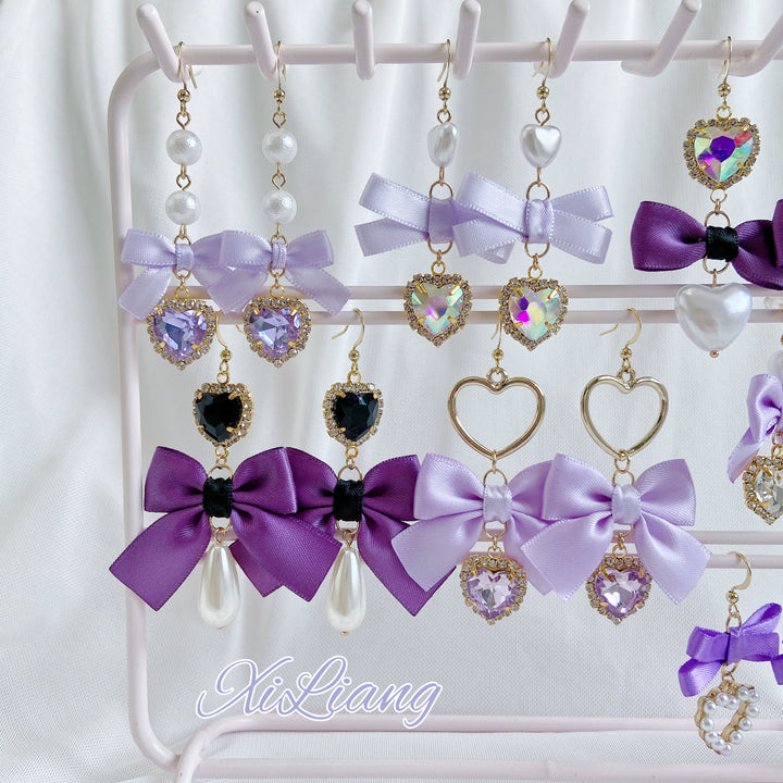 Purple Jirai Kei Earrings with Ribbon Bow Rhinestone & Pearl Detail 41730:712128
