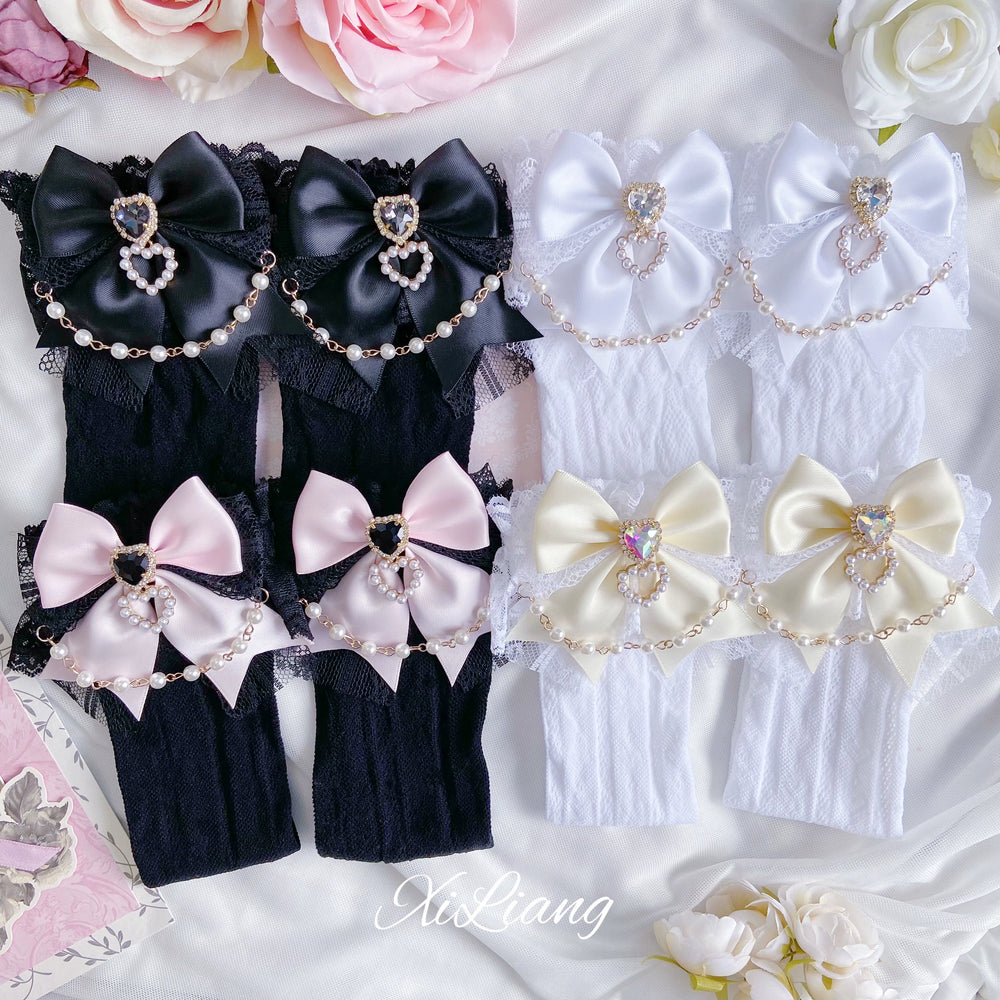 Jirai Kei Socks With Pearl Chain And Sweetheart Rhinestone Detail 28904:326728