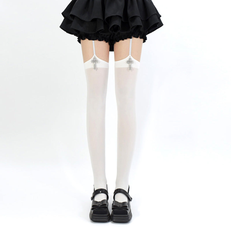 Solid Lolita Garter Stockings Velvet Socks with Cross Pendants (White) 42603:746271