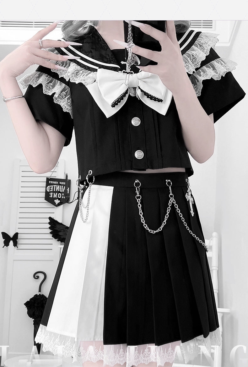 Lace Sailor Collar Gothic Skirt Suit, Detachable Waist Chain 43626:781393