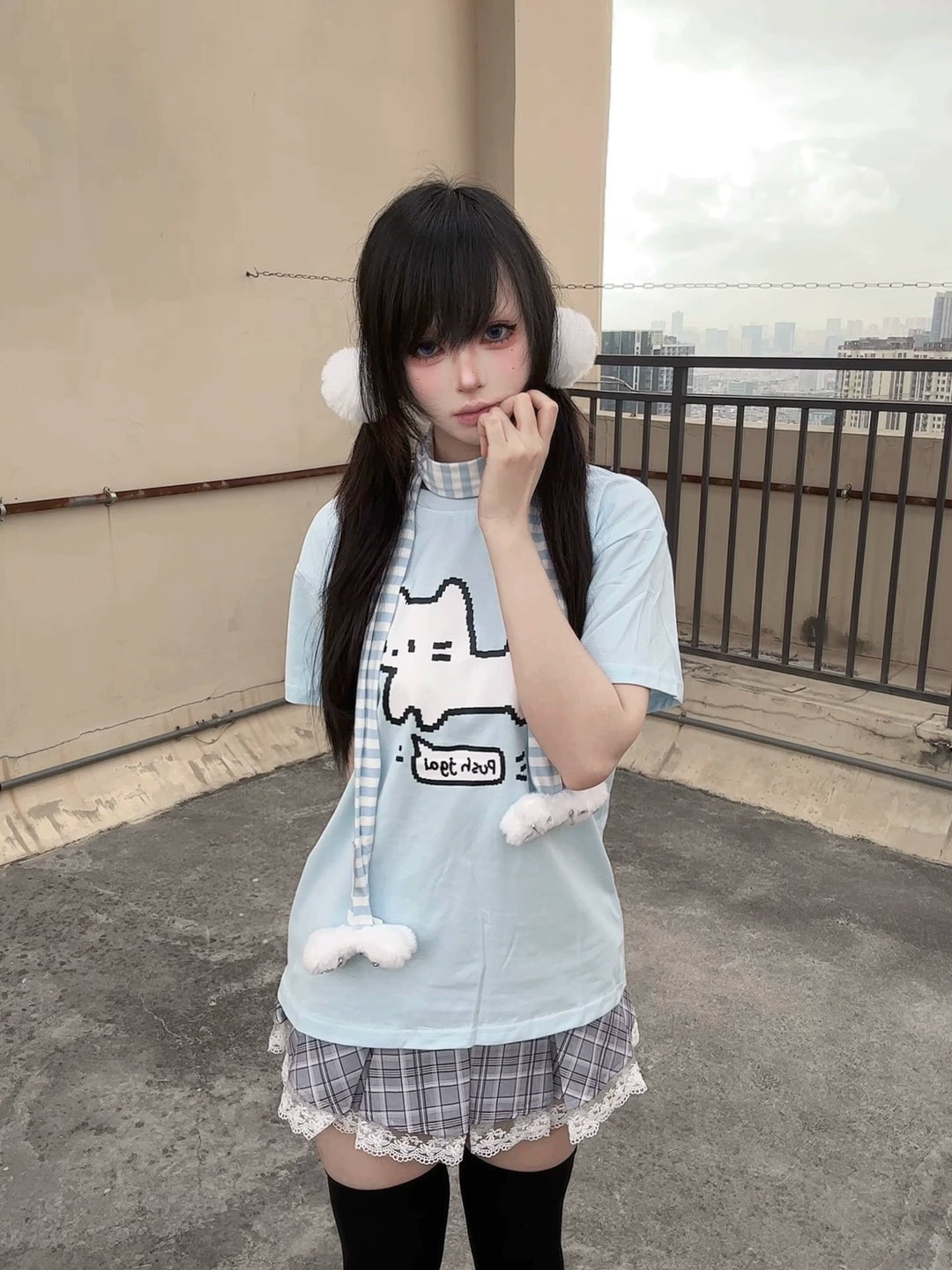 Water Blue Jirai Kei Cotton T-Shirt with Pixel White Cat Print 42853:755389