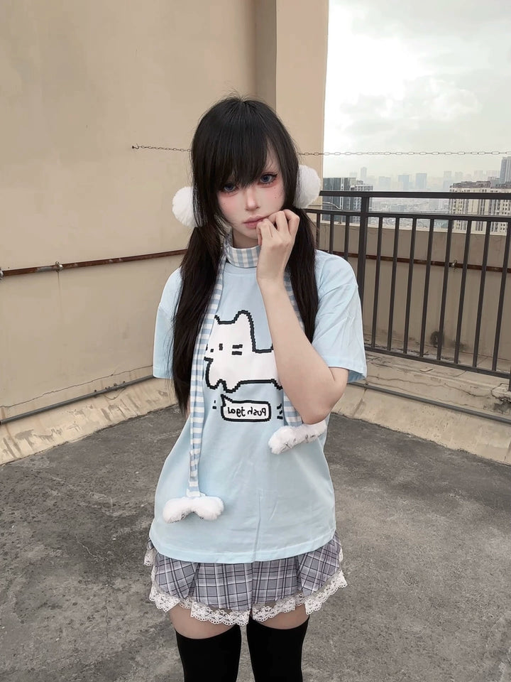 Water Blue Jirai Kei Cotton T-Shirt with Pixel White Cat Print 42853:755389