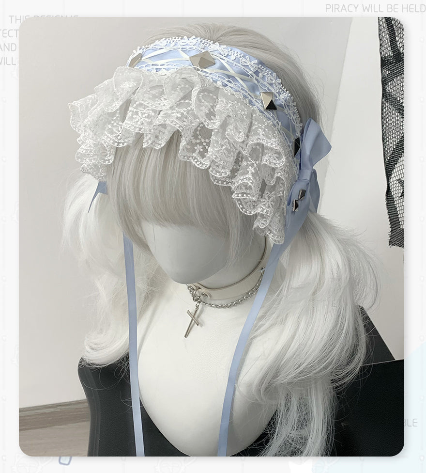 Jirai Kei Hairband with Ribbon Lace and Rivets 42804:753961