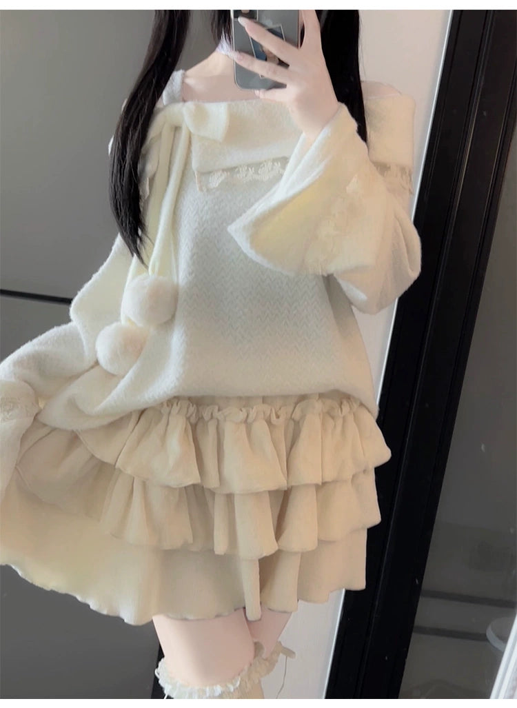 Ryousangata Sweater White Off-Shoulder Sweater Tiered Skirt (L M S XL) 40074:649822