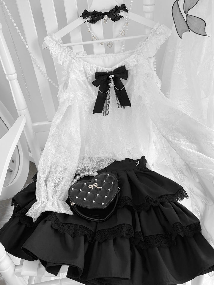 Lightweight Lace Jirai Kei Blouse With Lining & Tiered Skirt 43298:772867