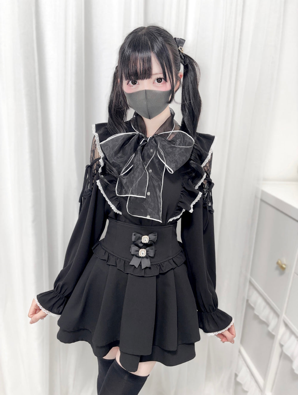 Jirai Kei Shirt with Large Mesh Bow & Lace Hollow-out Shoulder 42857:755670