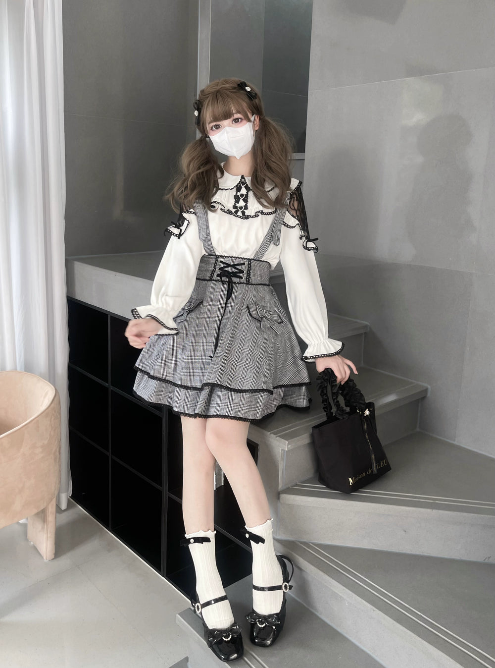 Jirai Kei Blouse White Lace Shirt Plaid Skirt Overall Dress 32960:431754