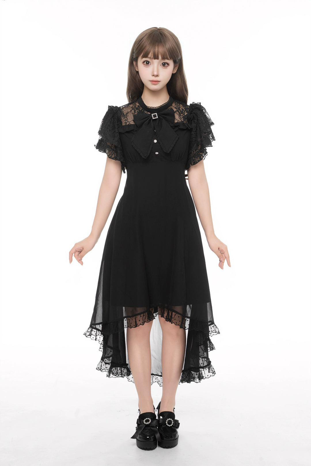 Elegant Long Jirai Kei Dress, Lace Ruffle Open-Shoulder (Black / L M S XL XS) 43651:782325