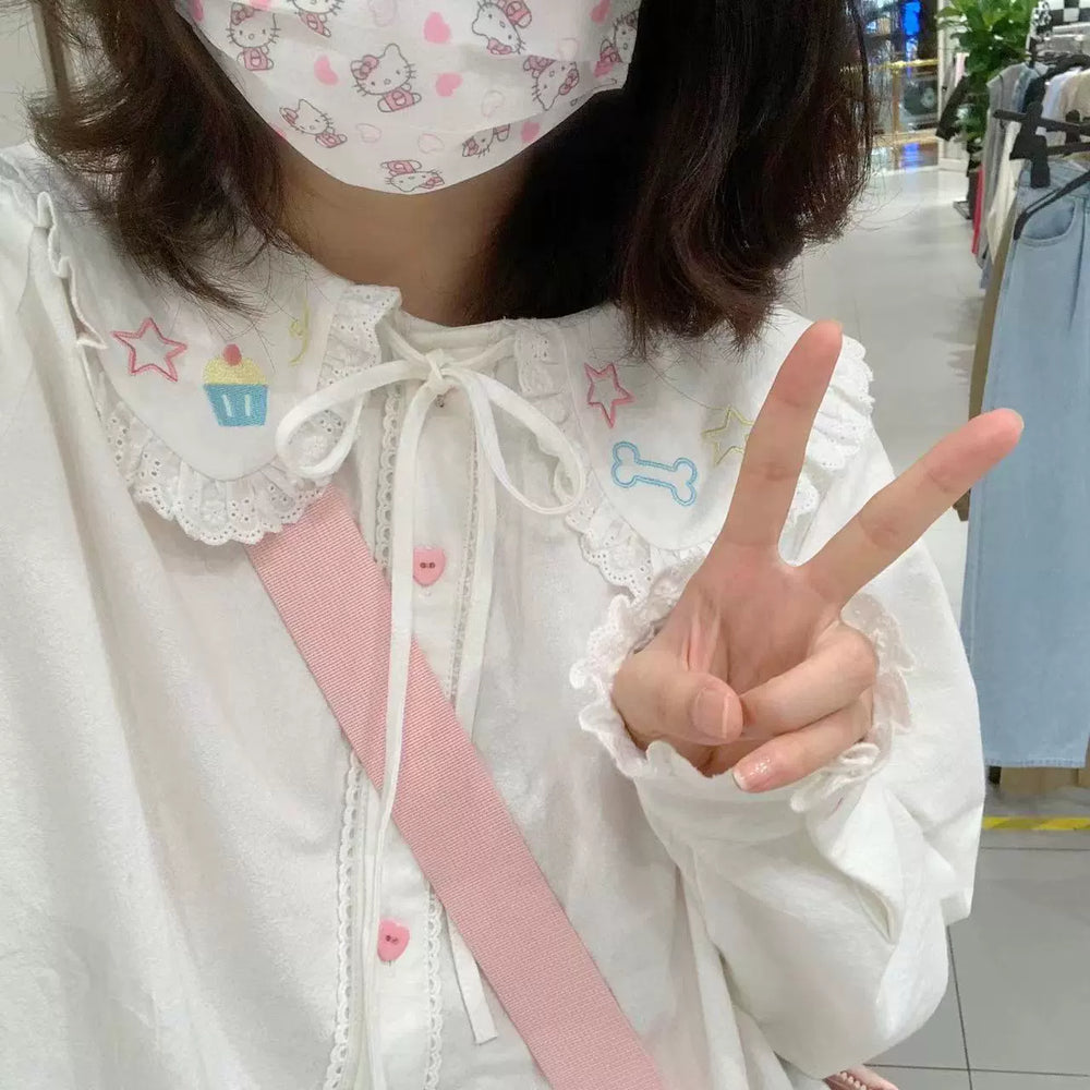 Fairy Kei White Blouse Peter Pan Collar Embroidered Shirt 31680:371234 31680:371234