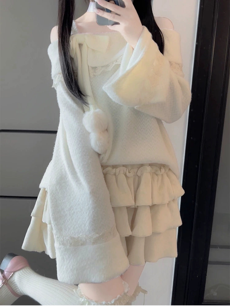 Ryousangata Sweater White Off-Shoulder Sweater Tiered Skirt 40074:649820