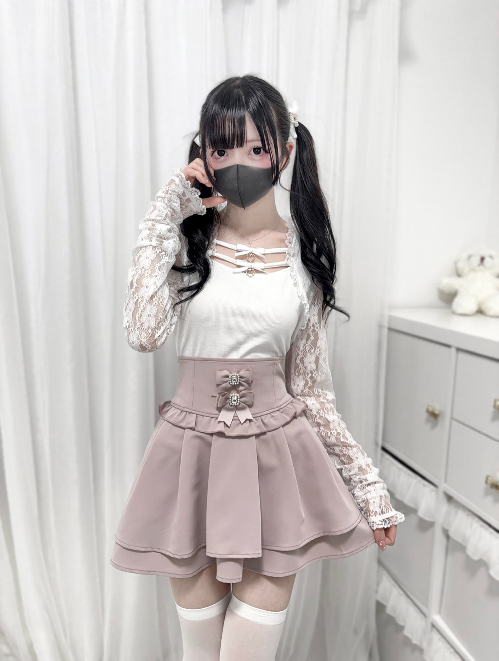 Cotton Jirai Kei Knitted Blouse with Lace Sleeves 42858:755680