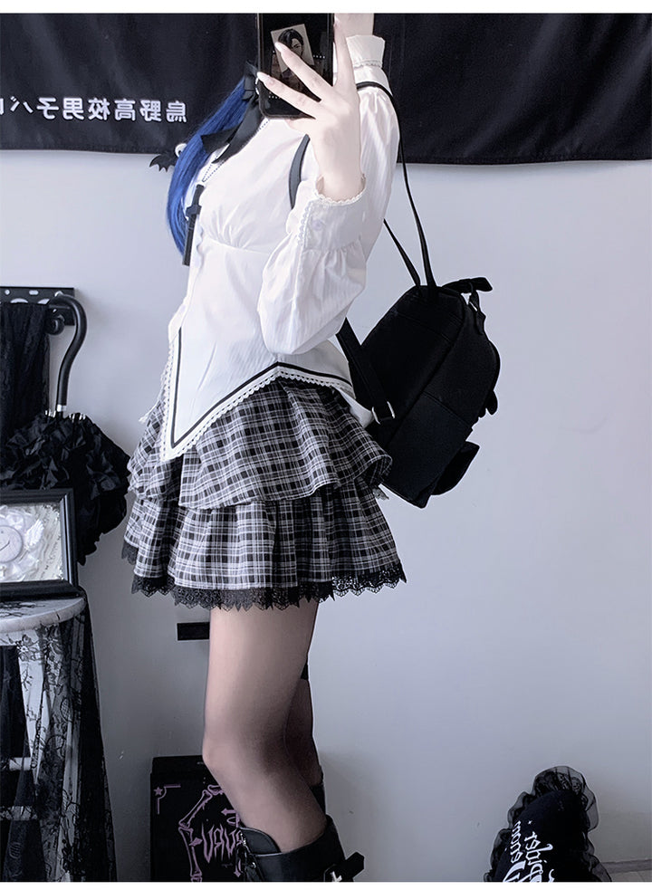 Gothic Outfit Black Jacket White Blouse Plaid Tiered Skirt 42237:735508