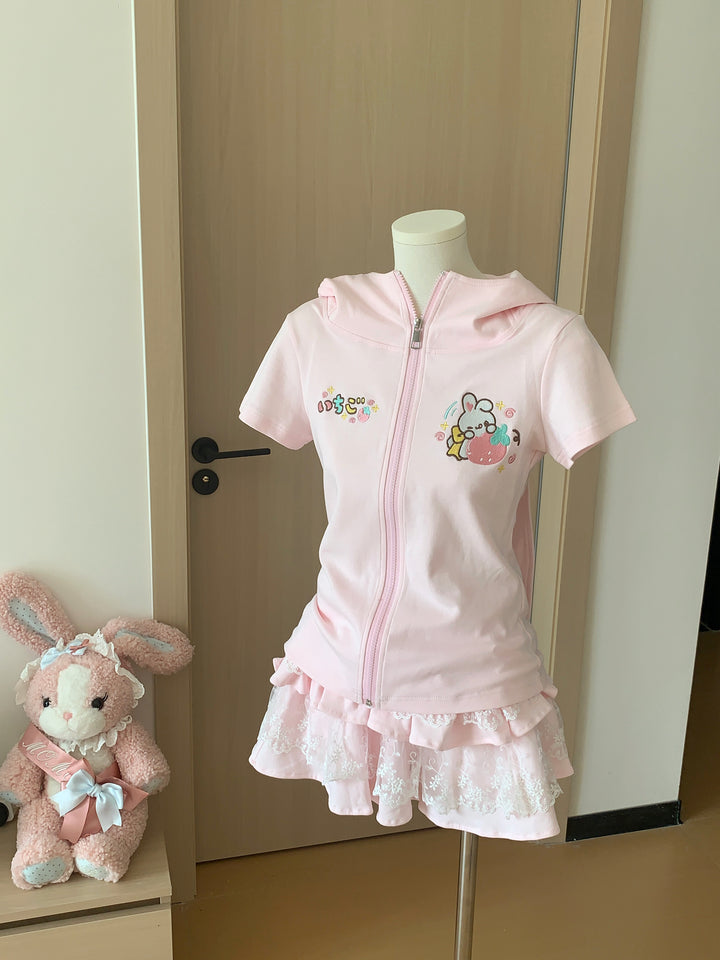 Kawaii Pink Short-sleeved Hoodie Jacket With Long Bunny Ears 42730:751091