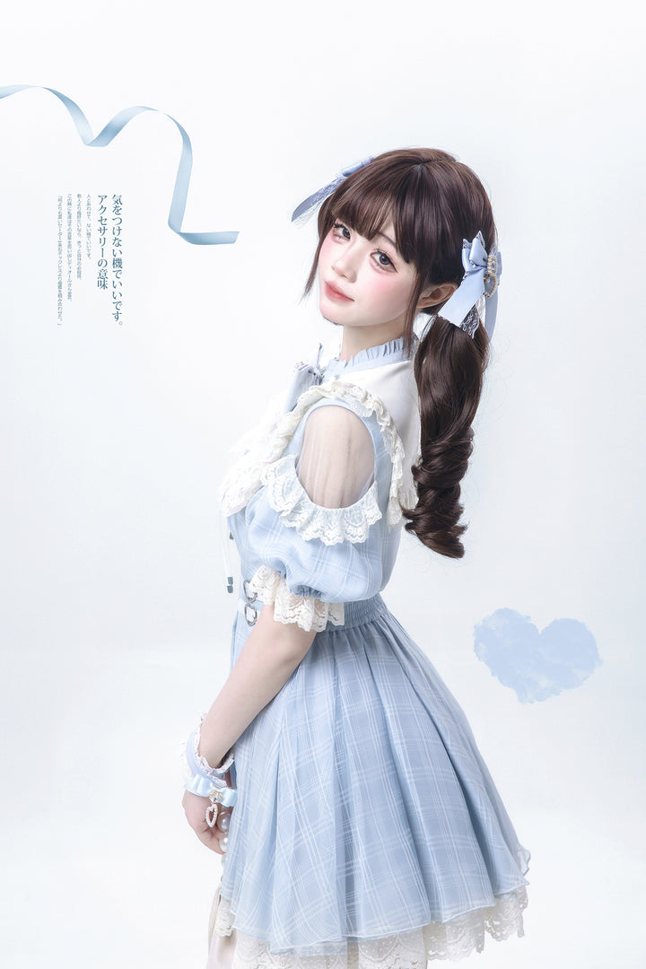 Water Blue Jirai Kei Dress with Box Pleated Skirt And Square Rhinestone 42704:750871