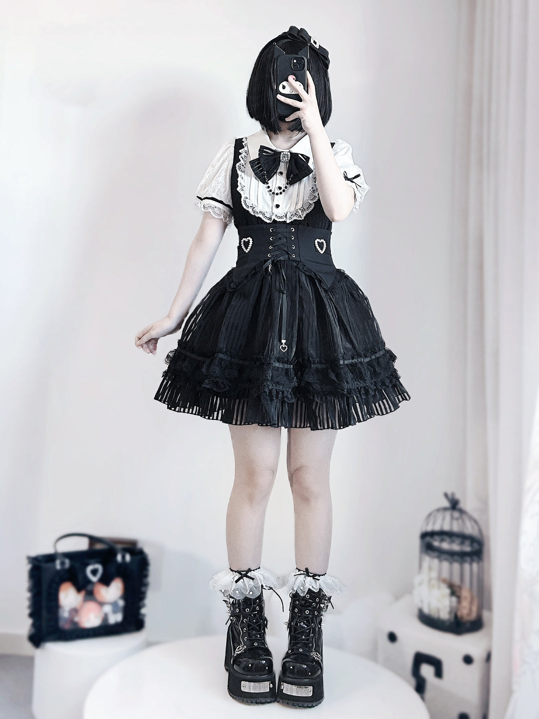 Jirai Kei Dress With Striped Tiered Skirt Hem & Corset Waist 42597:748495