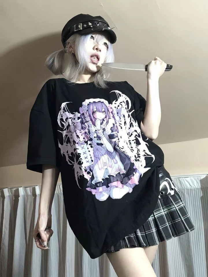 Cotton Jirai Kei Oversized T-shirt With Anime Girl Prints 43061:764130