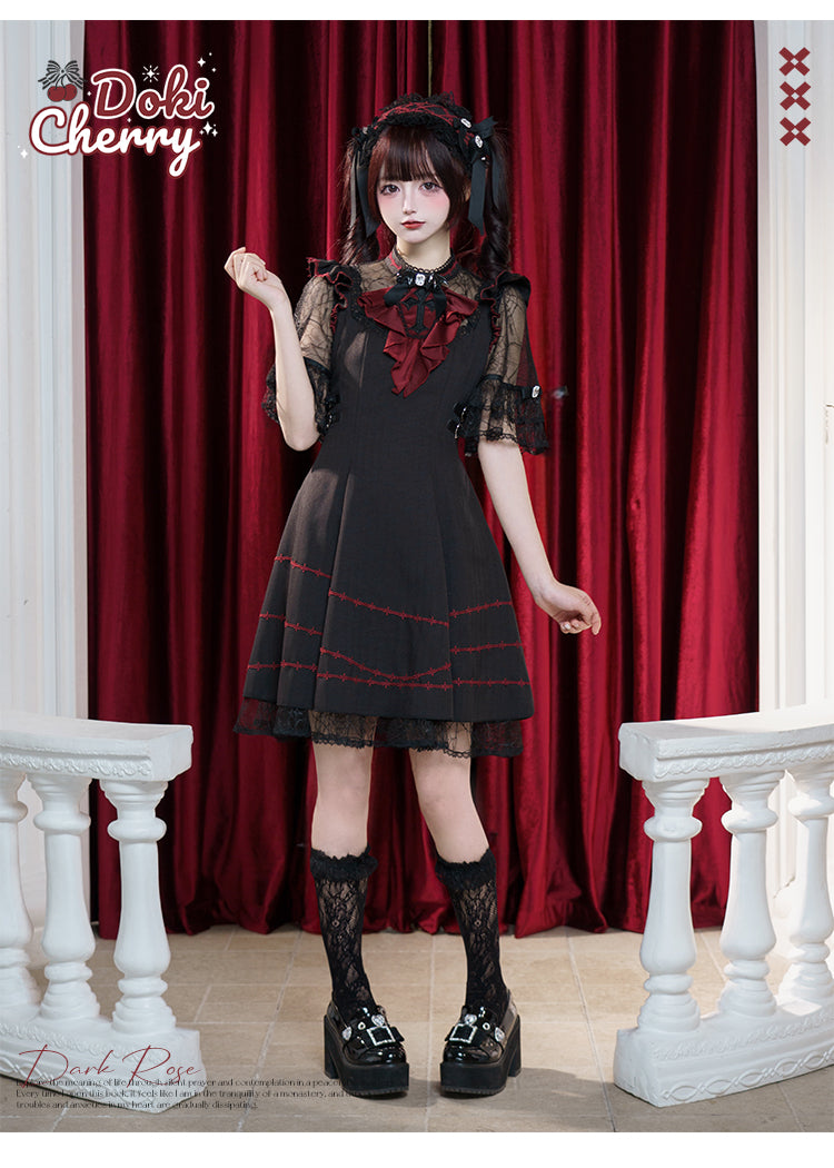 Black Jirai Kei Dress with Removable Evil Wings & Cross Embroidery Jabot 42649:747946