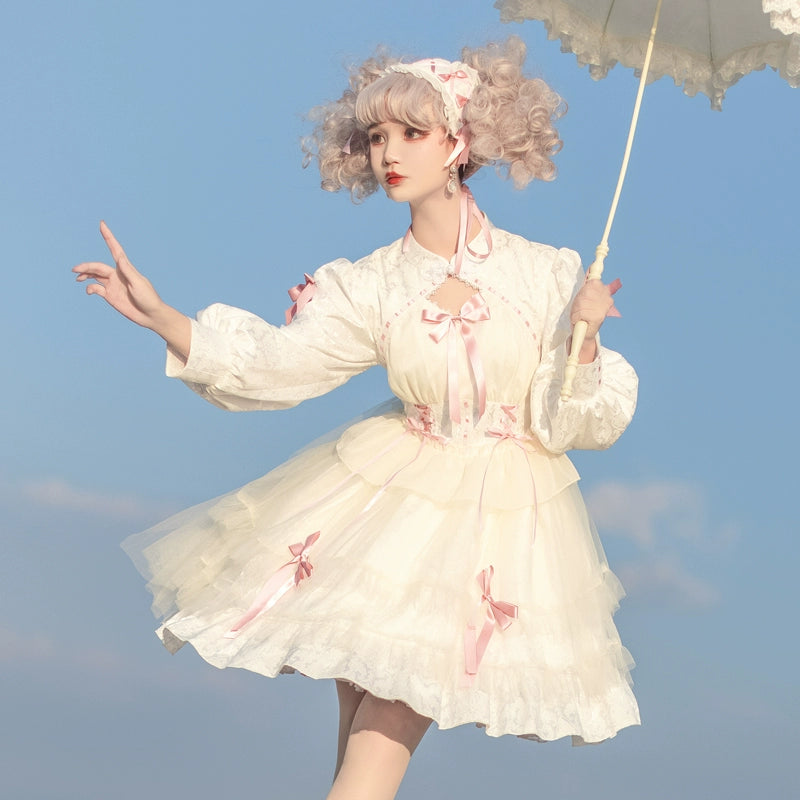 classic lolitia dresses Classic Lolita Dress With Tieried Skirt Hem And Bows Detail Pink-white / M