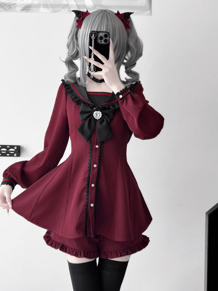 Black Red Jirai Kei Dress Set With Sailor Collar and Bunny Ears (L M S XL) 42285:734901