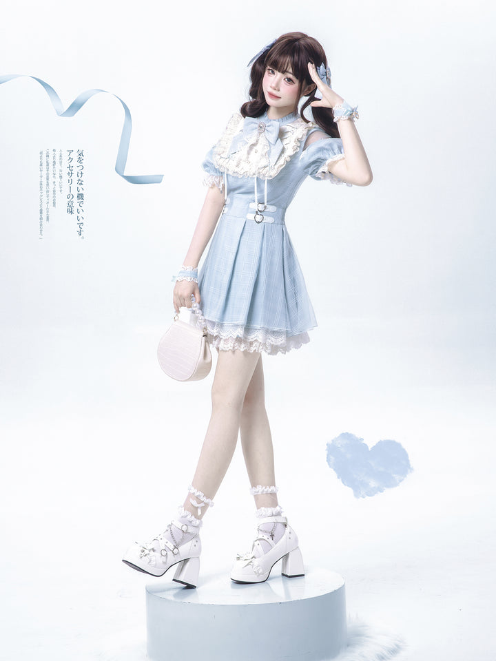 Water Blue Jirai Kei Dress with Box Pleated Skirt And Square Rhinestone 42704:750873