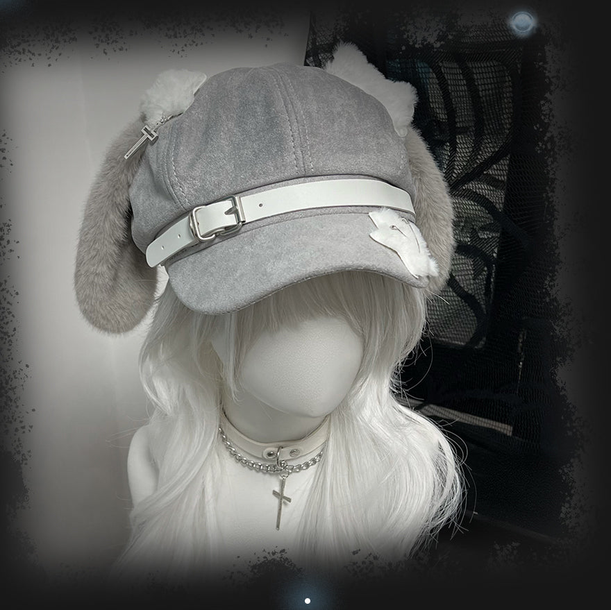 Yami Kawaii Grey Beret with Dog Ears and Bone Plush Accent 42644:747782