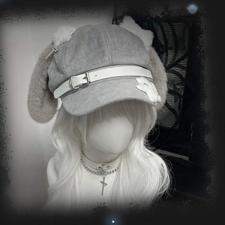 Yami Kawaii Grey Beret with Dog Ears and Bone Plush Accent 42644:747782
