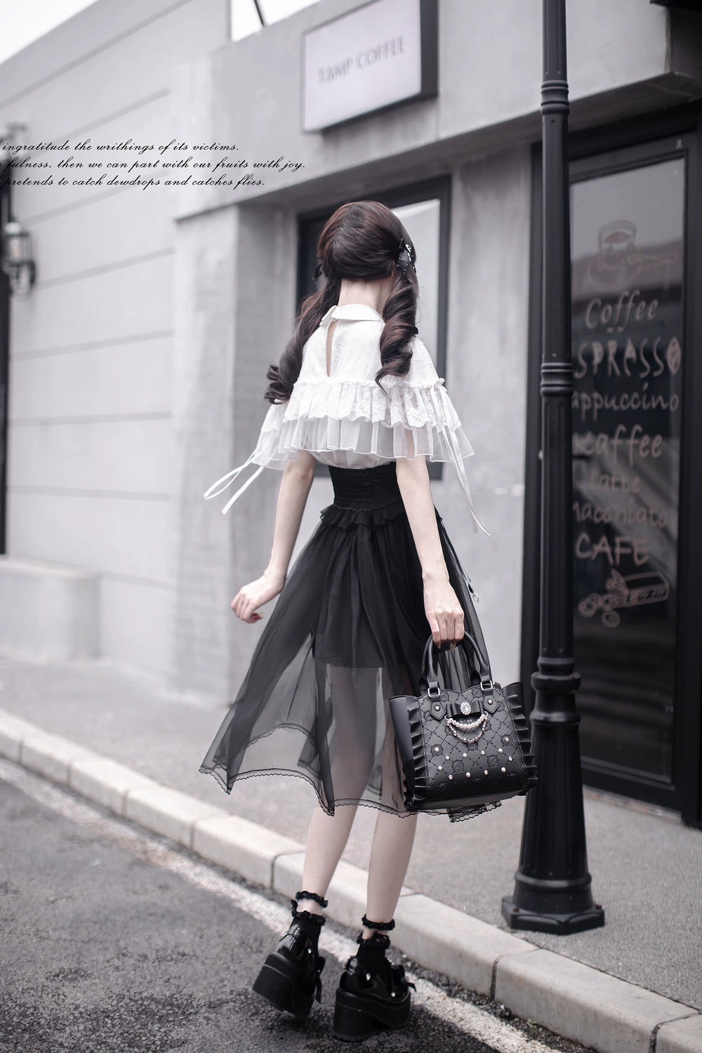 Jirai Kei Cape-Styled Blouse, High-Waist Skirt With Veil Overlay 42919:775520