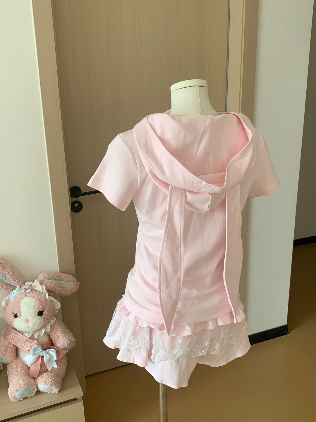 Kawaii Pink Short-sleeved Hoodie Jacket With Long Bunny Ears 42730:751094