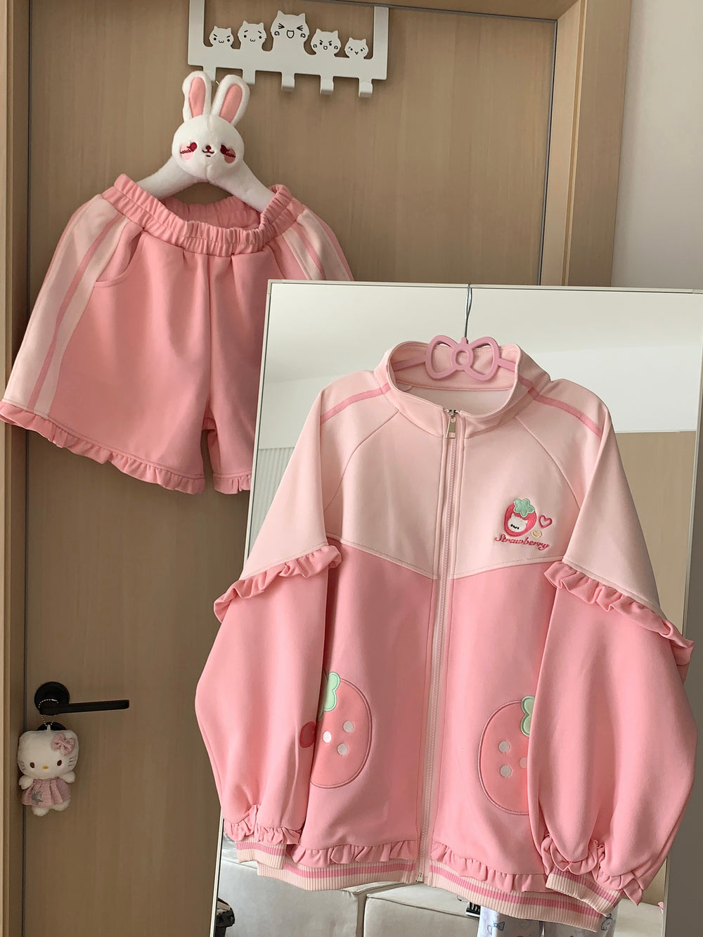 Kawaii Pink Coat and Shorts Set with Strawberry Embroidery 42703:751173