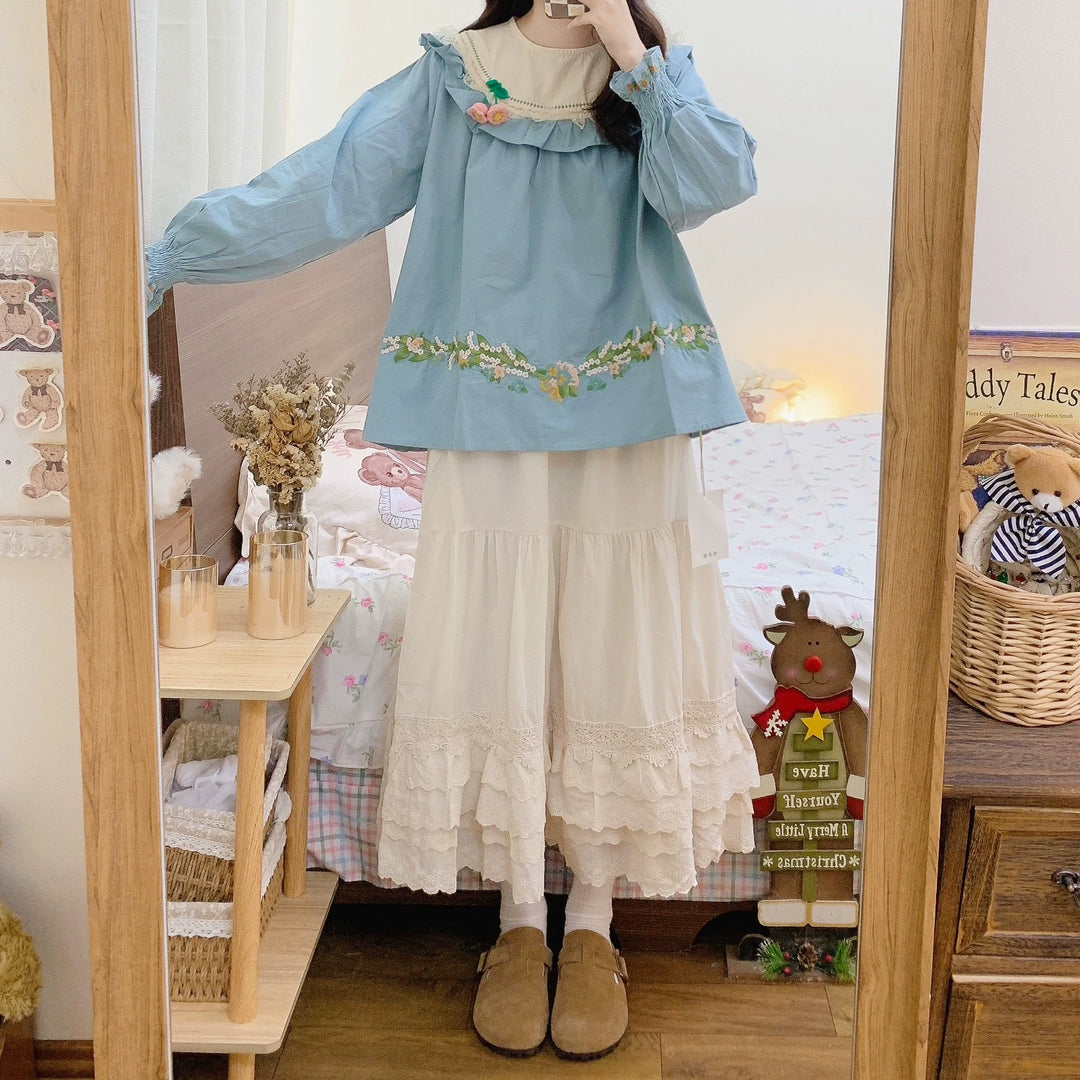 Mori Kei Skirt Cotton Cake Skirt Lace Patchwork Skirt 39262:619640