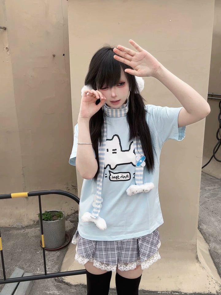 Water Blue Jirai Kei Cotton T-Shirt with Pixel White Cat Print 42853:755388