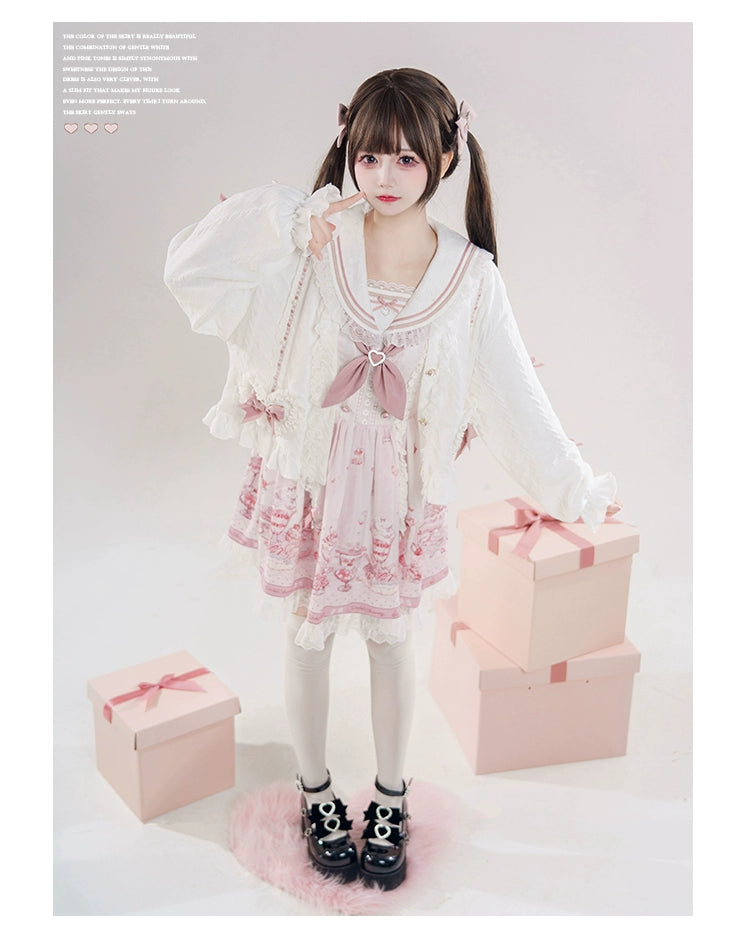 Jirai Kei Dress Dessert Print OP Dress Sailor Collar Cardigan With Bow 42146:728485