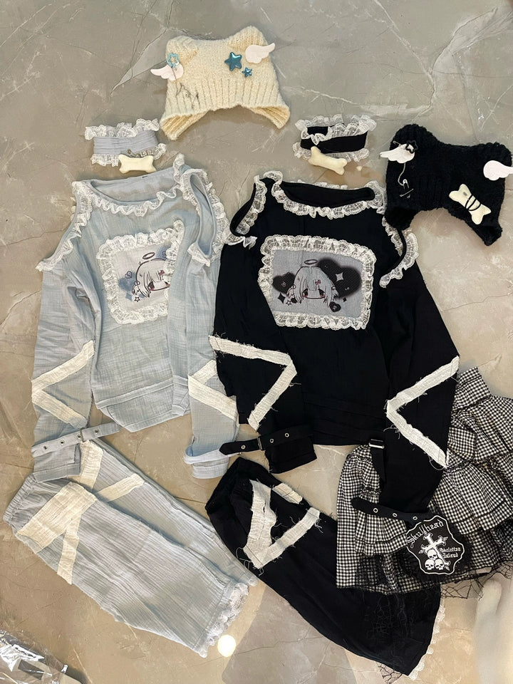 Punk Open Shoulder Blouse with Lace and Cute Print 42616:746783