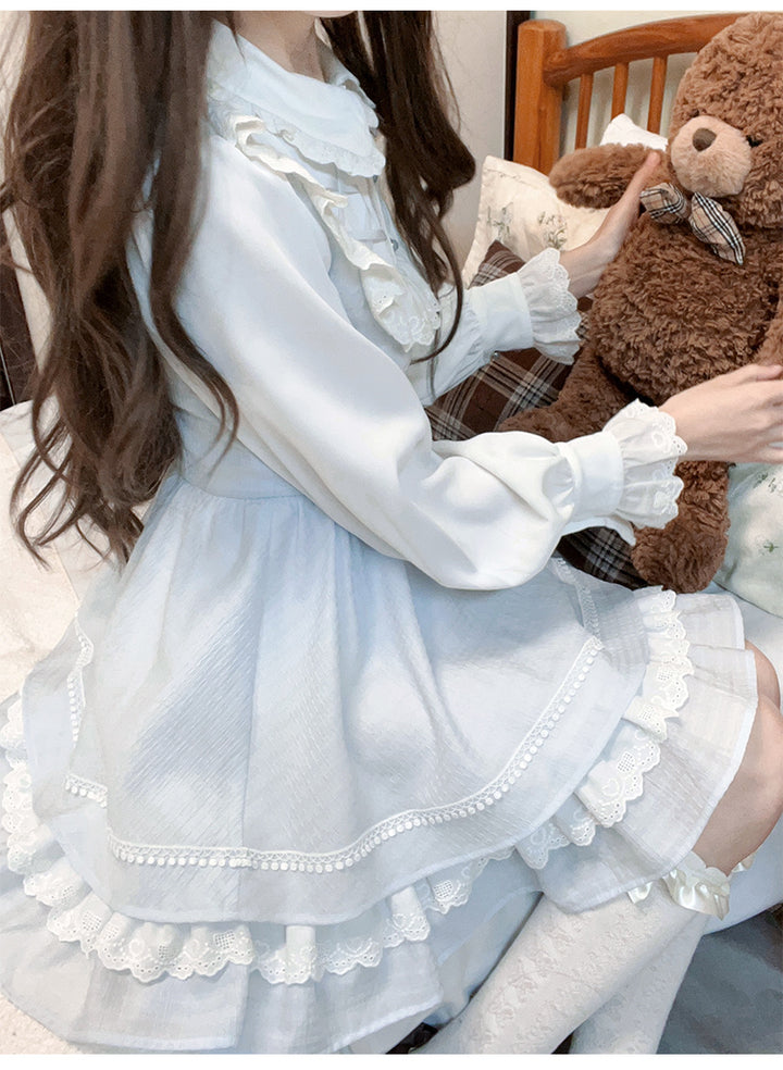 Elegant Dress Blue White Long-sleeved Dress Daily Wear 42241:736290