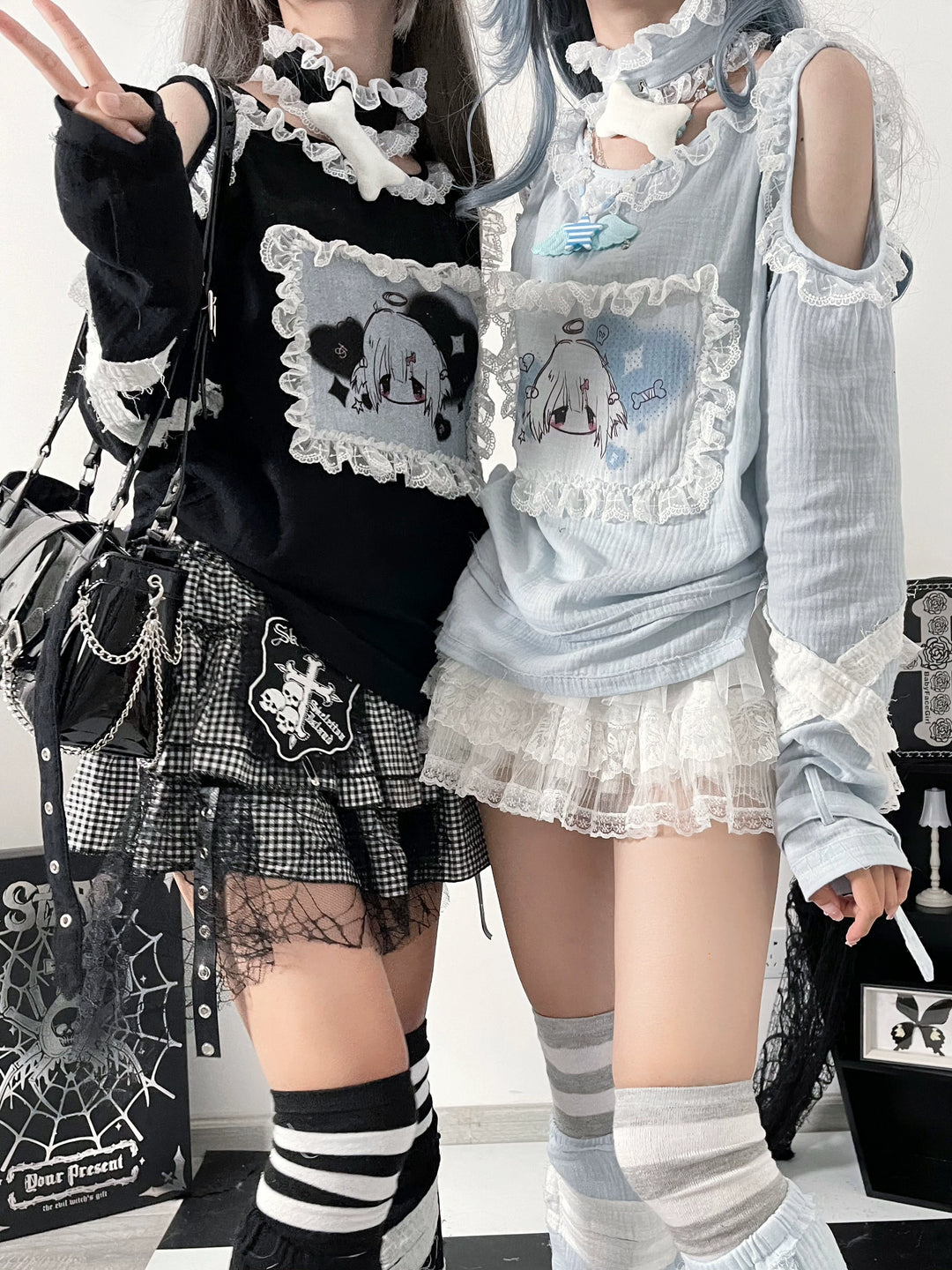 Punk Open Shoulder Blouse with Lace and Cute Print 42616:756781