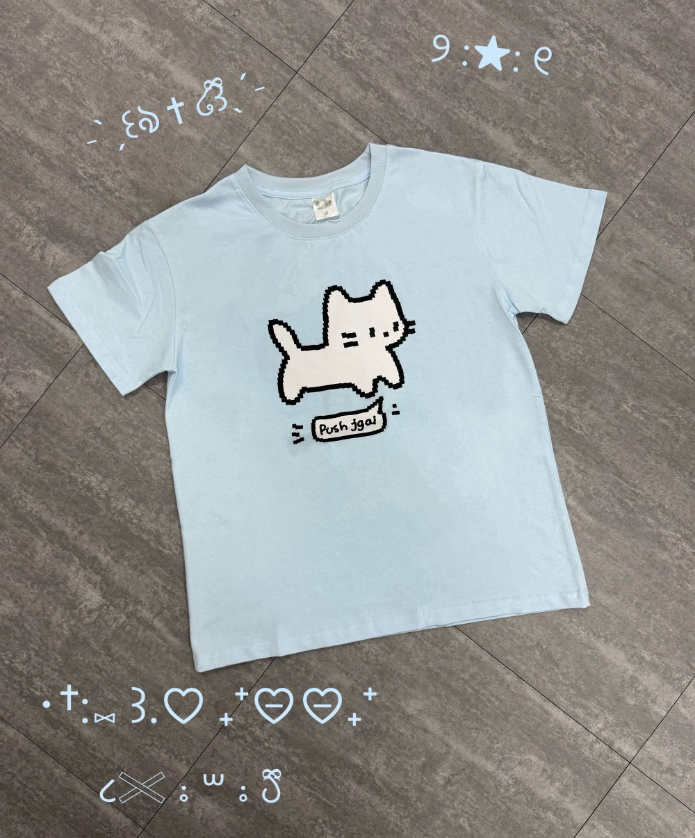 Water Blue Jirai Kei Cotton T-Shirt with Pixel White Cat Print (L M S XL) 42853:755383