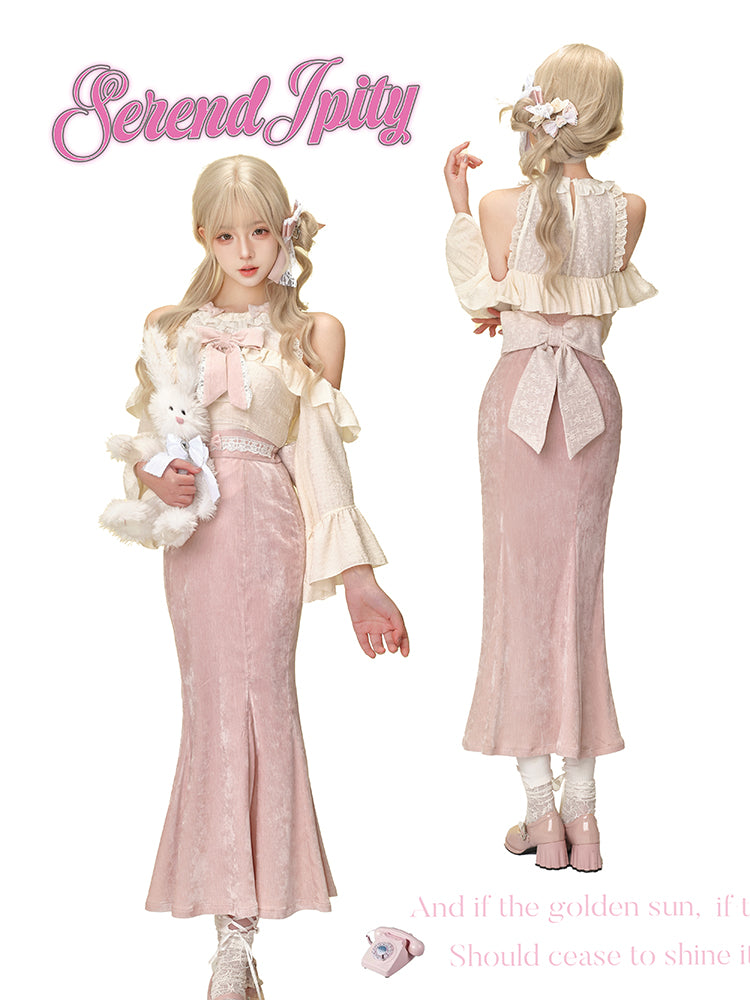 Ankle-length Ryousangata Pink Skirt Set | Open-shoulder Blouse 42600:746210