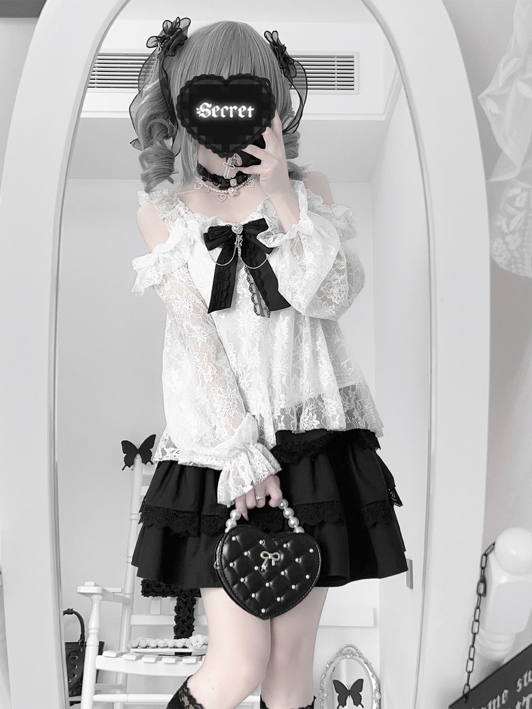 Lightweight Lace Jirai Kei Blouse With Lining & Tiered Skirt 43298:772868