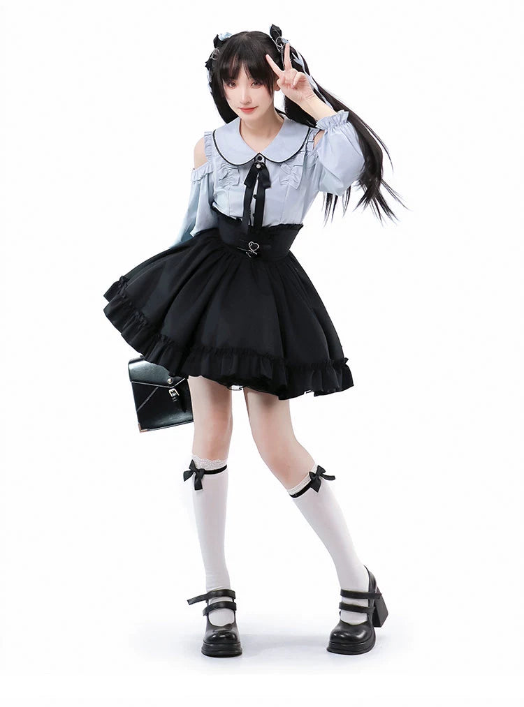 Jirai Kei Blue Open Shoulder Blouse, Flounce Hem Skirt 21966:351030