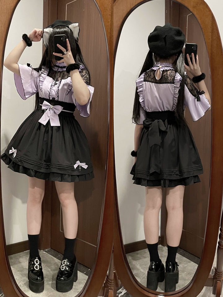 Lace Shoulder Jirai Kei Blouse + High Waist Skirt, Cross Pendant 35596:538254