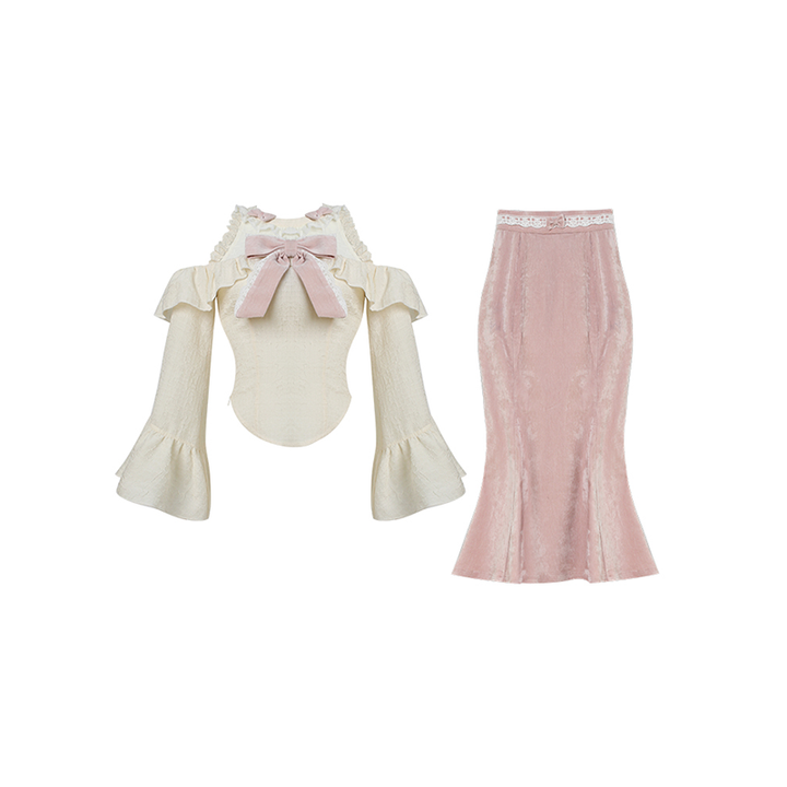 Ankle-length Ryousangata Pink Skirt Set | Open-shoulder Blouse 42600:746202