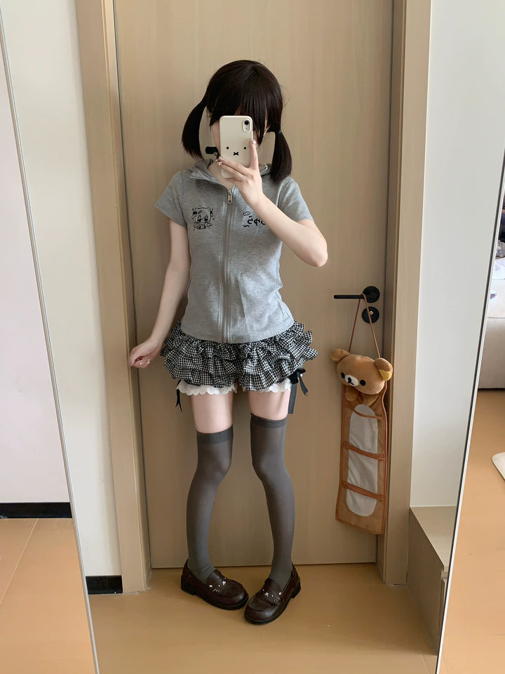 Plaid Kawaii Mini Skirt, Built-In Shorts With Bow & Scalloped Hem 43323:775111