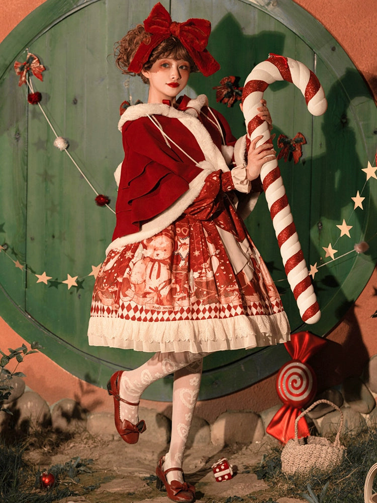 Sweet Lolita Dress Red OP Bear Ear Cape Set For Christmas – Honey