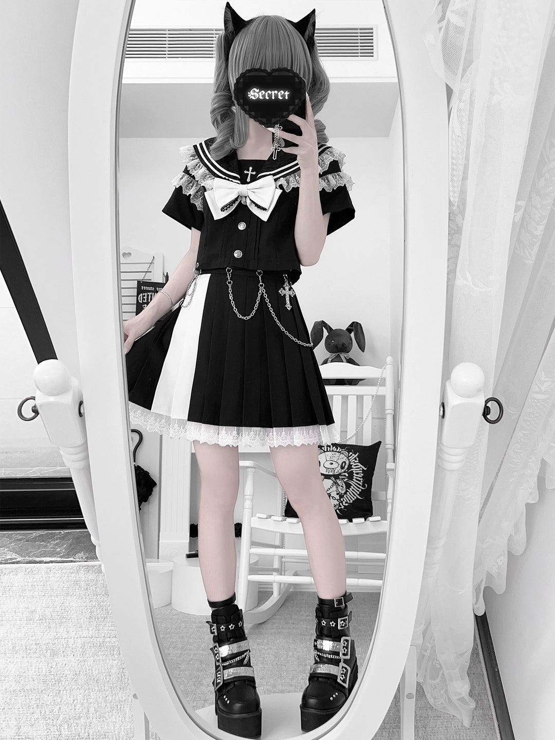 Lace Sailor Collar Gothic Skirt Suit, Detachable Waist Chain 43626:781378