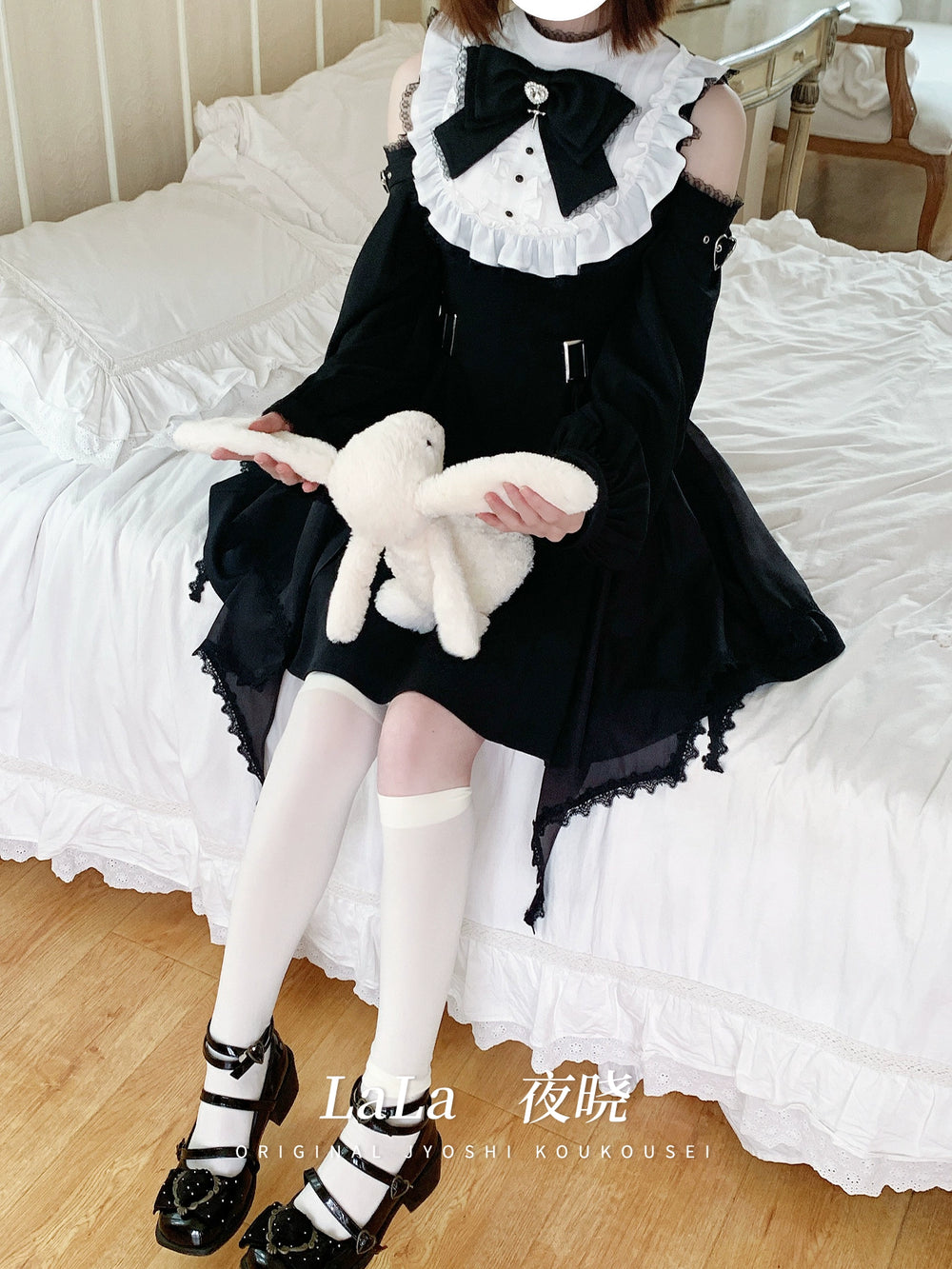 Gothic Open Shoulder Dress, Detachable Collar Bow 43655:782379