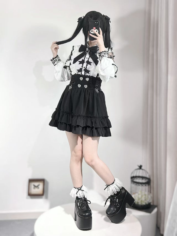 Jirai Kei White Blouse With Lace Open Shoulder And Long Sleeves 42710:750079
